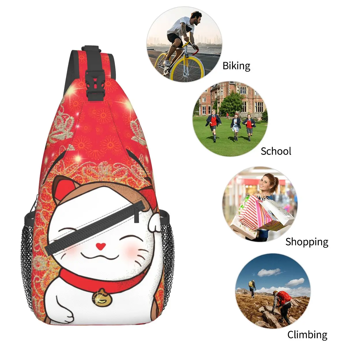 Maneki Neko Crossbody Sling Bags Moda Peito Bag Japonês Sorte Gato Ombro Mochila Mochila para Caminhadas Viagem Biking Bag