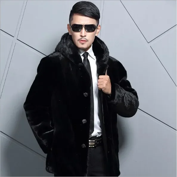 High Quality Thick Warm Black Overcoat For Men 1 Faux Fur Coat S-6XL Plus Size Luxury Long Hooded Faux Fur Coat Outwear FW129