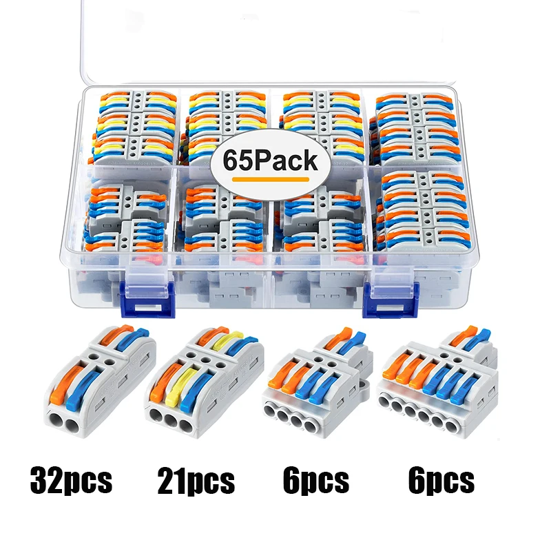 

65 Pcs Compact Wire Splicing Connectors Assortment Pack Quick Wiring Connectors for AWG 28-12 Size 10-14mm Electrical Tool