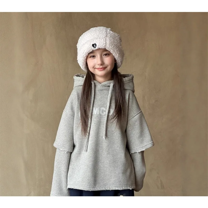 

2025 Winter New Korean Children's Fake Two piece Velvet Hoodie for Boys and Girls, Loose Letter Printed Top