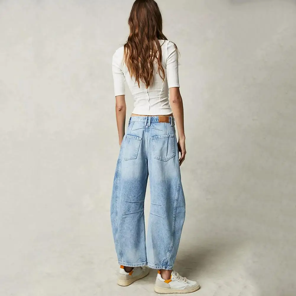 Women Denim Trousers Retro Wide Leg Women's Jeans with Hip Hop Pockets Zipper Closure Stylish Streetwear Denim Trousers for A