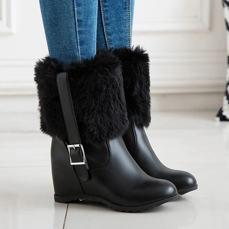 REAVE CAT Fur Midcalf Boots Waterproof 7cm Hidden Wedge Heel 2022 7cm Chunky Heels Small Big 33-43 S2419