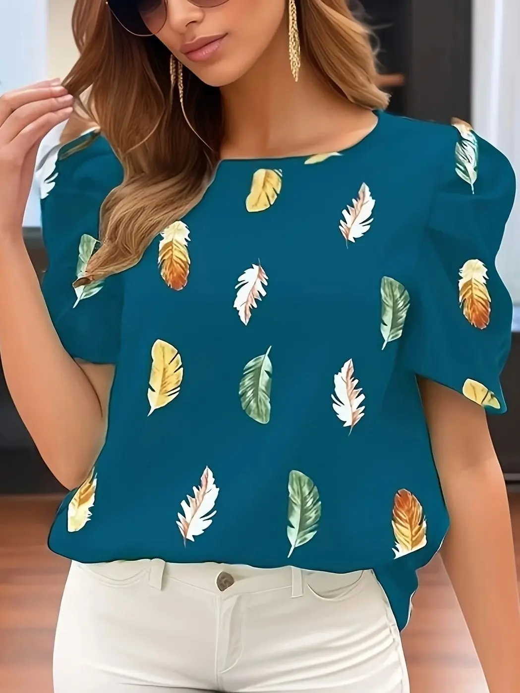 Ladies In  Europe And The United States  Fashion  Feathers  Loose Shrug Casual  Slim Print  Round-Necked Short-Sleeved Blouse