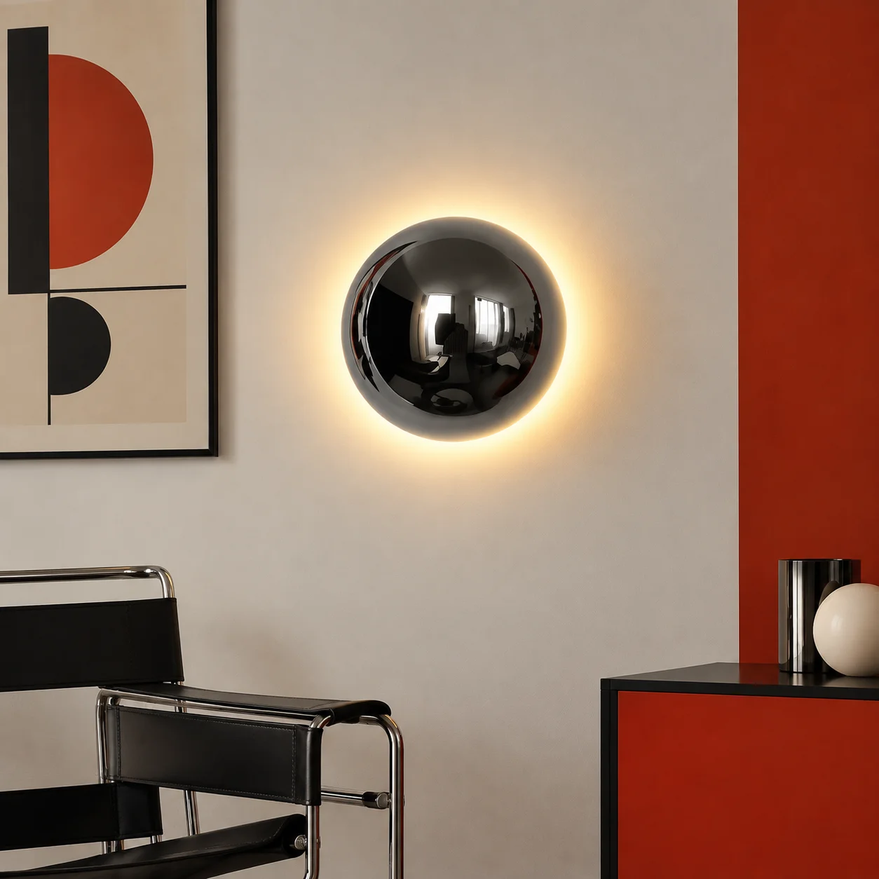 Modern Bauhaus Minimalist Plated Silver Electroplated Round Wall Lamp,LED Atmosphere Corridor Stairs Lunar Eclipse Bedside Lamp