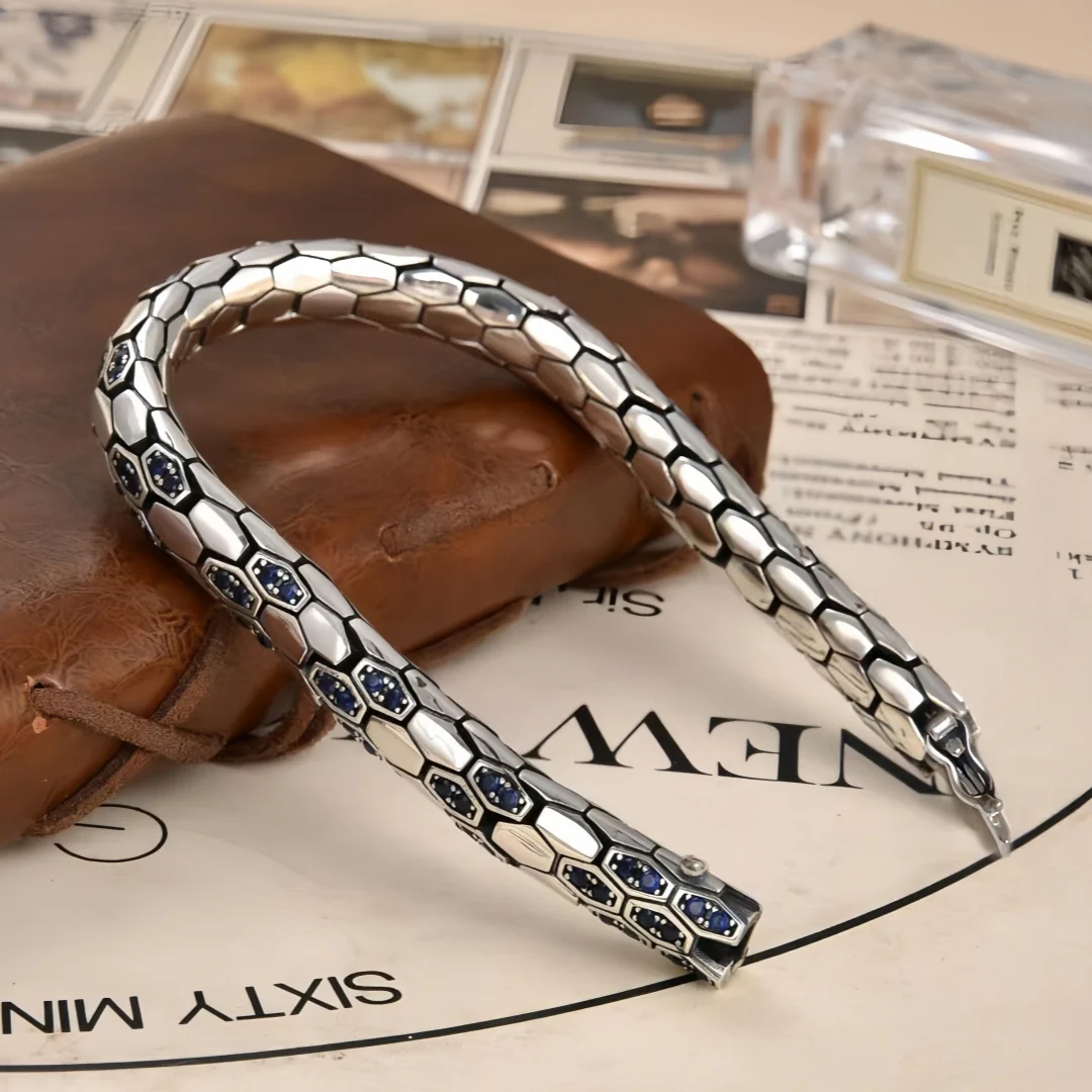 BOCAI S925 Sterling Silver Charms Bangle for Men Women Antique Snake Pattern Micro Blue Zircon Punk Bracelet Fine Choice Jewelry