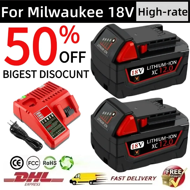 

For Milwaukee M18 Battery 18V 12.0Ah 9.0Ah Replacement Lithium Battery for Milwaukee M18 48-11-1815 48-11-1850 2604-22 Battery