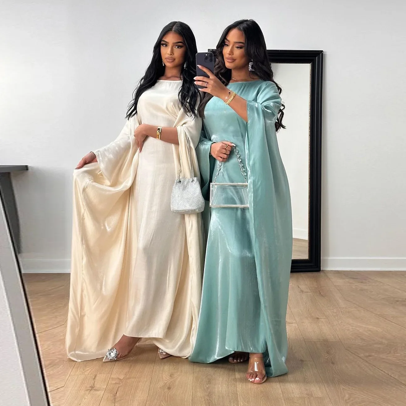 

Women Muslim Fashion Bright Silk One Size New Summer Middle East Satin Waist Abaya Dress Robe Solid Color