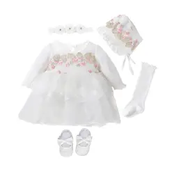 New Born Infant Christening Dress Newborn Baby Girl Dresses&Clothes Princess 0 3 6 12 Months Baby Baptism Dress Shoes Tights