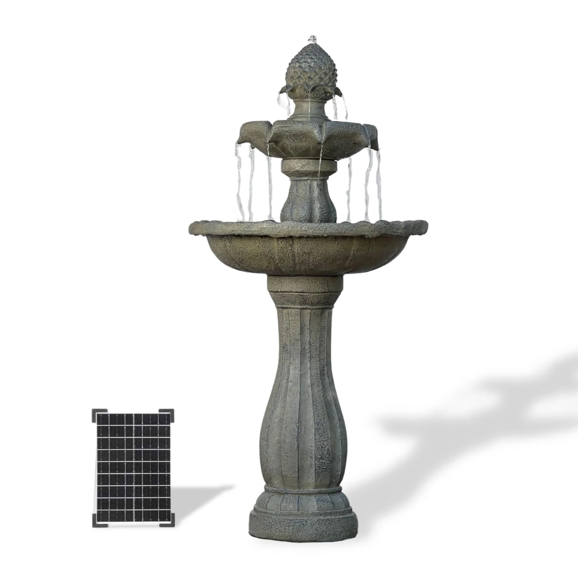 44 in. r Powered 2-Tier Outdoor Water Fountain with r Panel, Auto Shut-Off Pump, Durable Fiberglass Resin Garden Patio