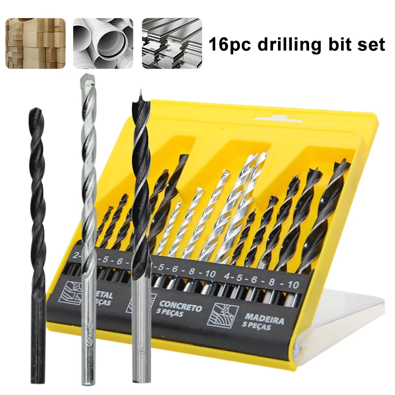 건설용 드릴 3포인트 목공 드릴 16종 믹스 직선 핸들 비트 플라스틱 목재 금속 트위스트 드릴 위치 지정 도구 액세서리