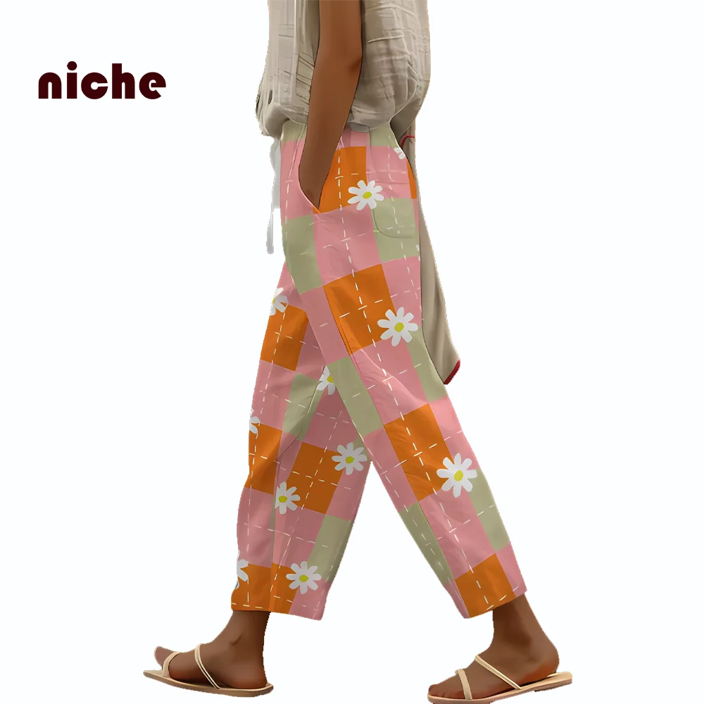 Pink Plaid Casual Pants for Women , Small Daisy Printing,  High-Quality Designer, Trendy Fashion, Nine-Point Radish Pants, New