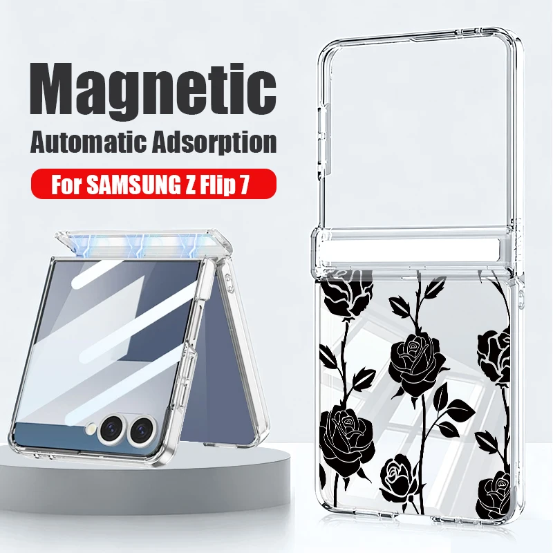 Magnetic Auto Adsorption Phone Case For Samsung Galaxy Z Flip 8 7 FE 6 5 Flip8 Flip7 5G Black Rose Print Clear Hard PC Cover