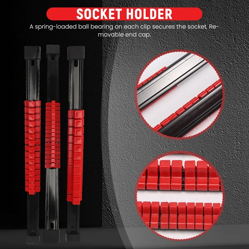 ABS pemegang soket Organizer Drive, 1/4 inci Drive X 32 klip, 3/8 inci Drive X 30 klip, 1/2 inci Drive X 24 klip, 6 Piec