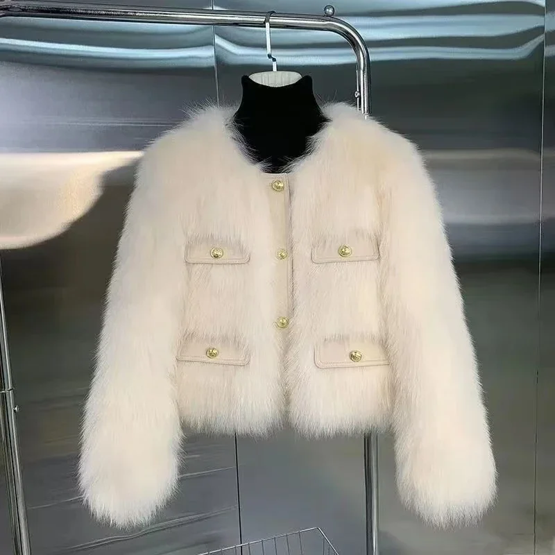 Elegante jaqueta de pele do falso feminino outono inverno quente grosso o-pescoço botão sólido outwear moda alta rua imitação de pele de raposa senhora casaco