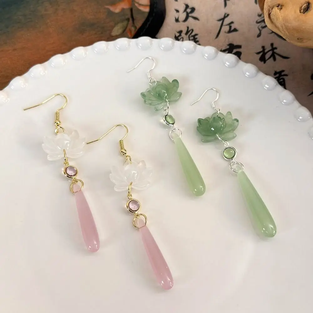 New Chinese Lotus Cat's Eye Long Water Drop Earrings Female 2024 New Chinese Style Hanfu Gufeng Ear Hook Ear Accessories