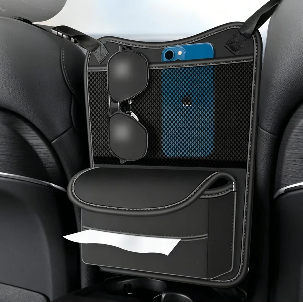 Car Front Seat Gap Large Capacity Car Middle Storage with Tissue Box Cup Holder Sunglasses Pocket Phone Snacks Mesh Pouch
