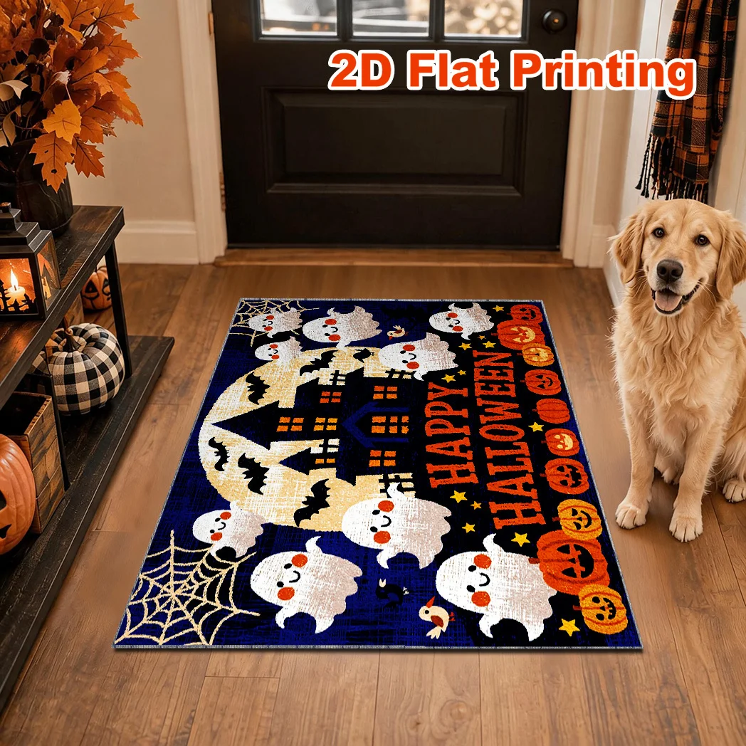 Happy Halloween Cute Ghost Haunted House Flannel Rug Low Profile Easy Vacuum Floor Mat For Party Entry Trick Or Treat Kids Gift
