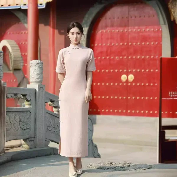 

Розовый длинный Cheongsam из хлопка и льна для девочек, весна и лето 2025, новое элегантное платье в стиле ретро