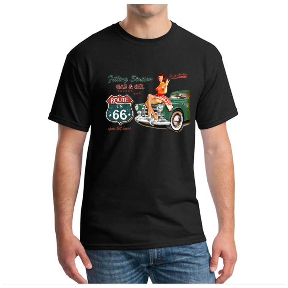 T Shirt Man Classic Route 66 Hot Rod American Girl Vintage Car Summer Casual Printing Short Comfortable O-neck