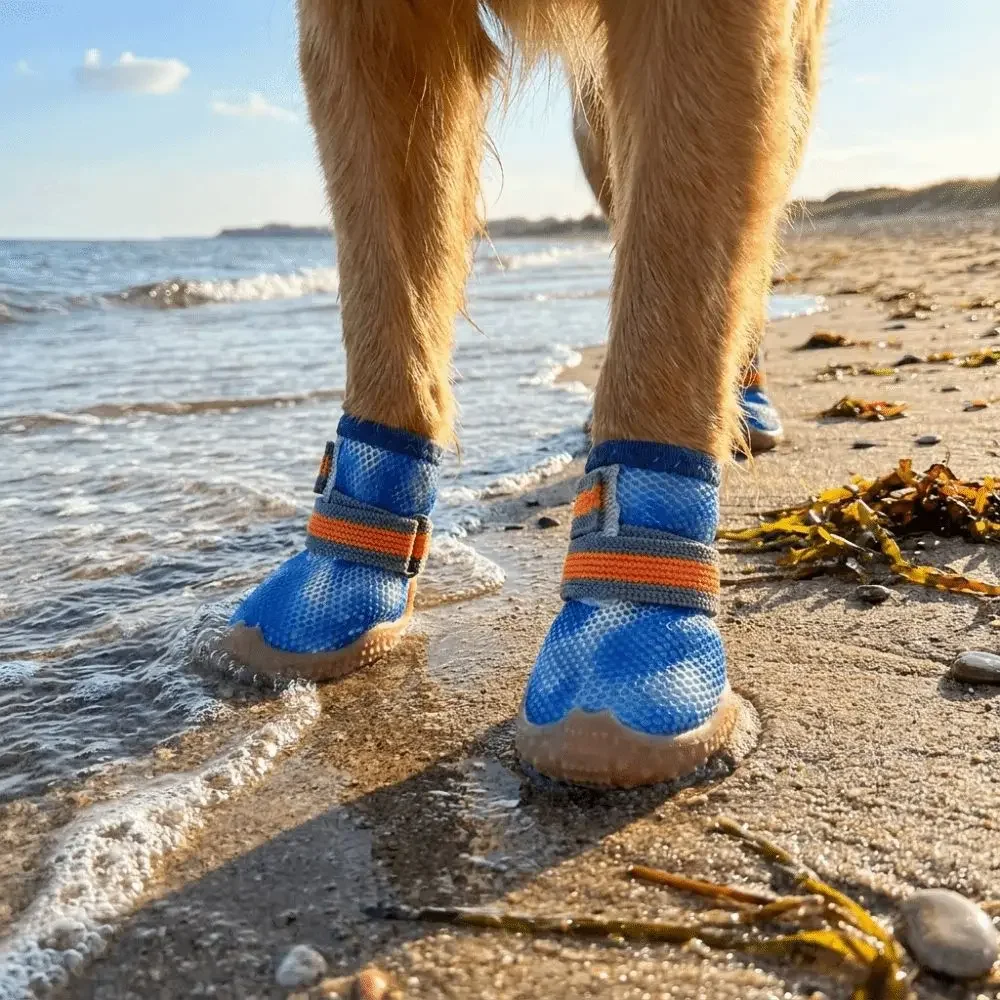 4 pcs/set Breathable Mesh Dog Mesh Shoes Wear Resistant Non-slip Dog Paw Protectors Adjustable Soft Pet Net Boots Beach