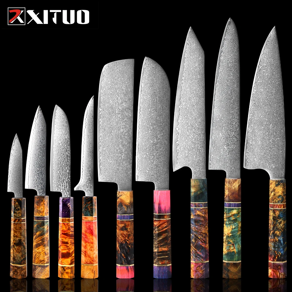 XITUO 2-5PCS Knives Set Nakiri Knife Japanese Damascus Steel Chef Knife Unique Solidified Wood handle Damascus Kitchen Knife