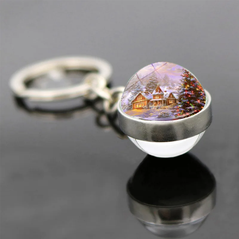 WG Christmas Snow House Keychain Pendant Time Gem&Stone Double-Sided Glass Ball Christmas Tree Snow Scene Keychain