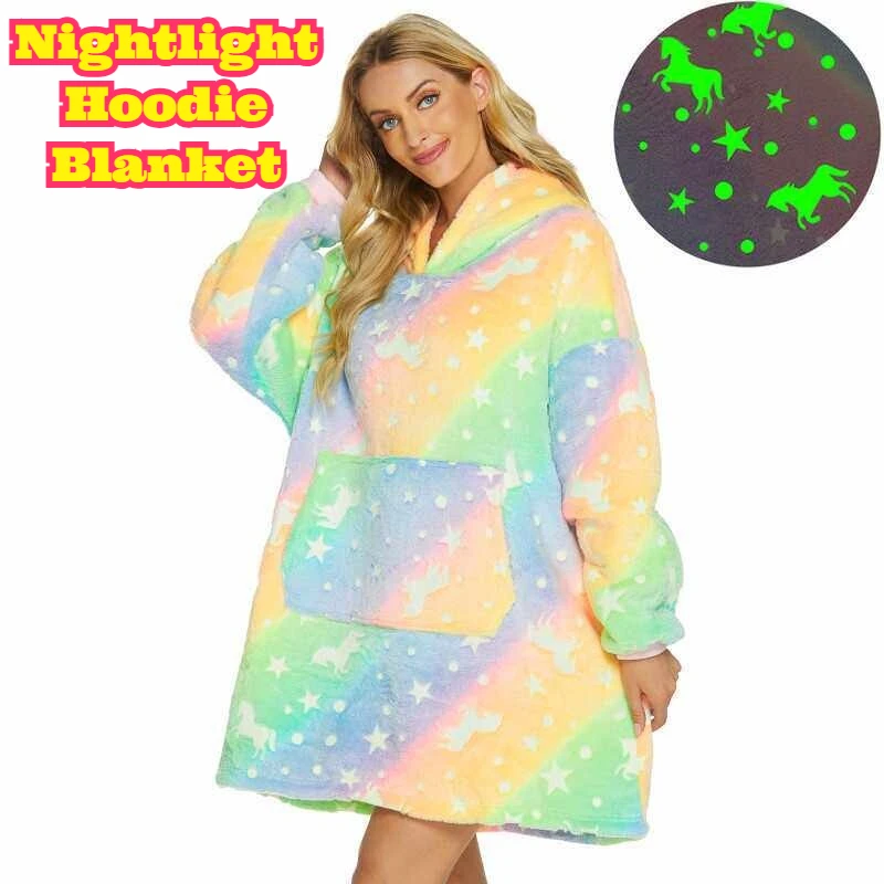Women Fleece Lined Thickened Hoodie Blanket Glow Dark Design Couples Flannel Material Autumn Winter Thermal Warm Cozy Home Adult