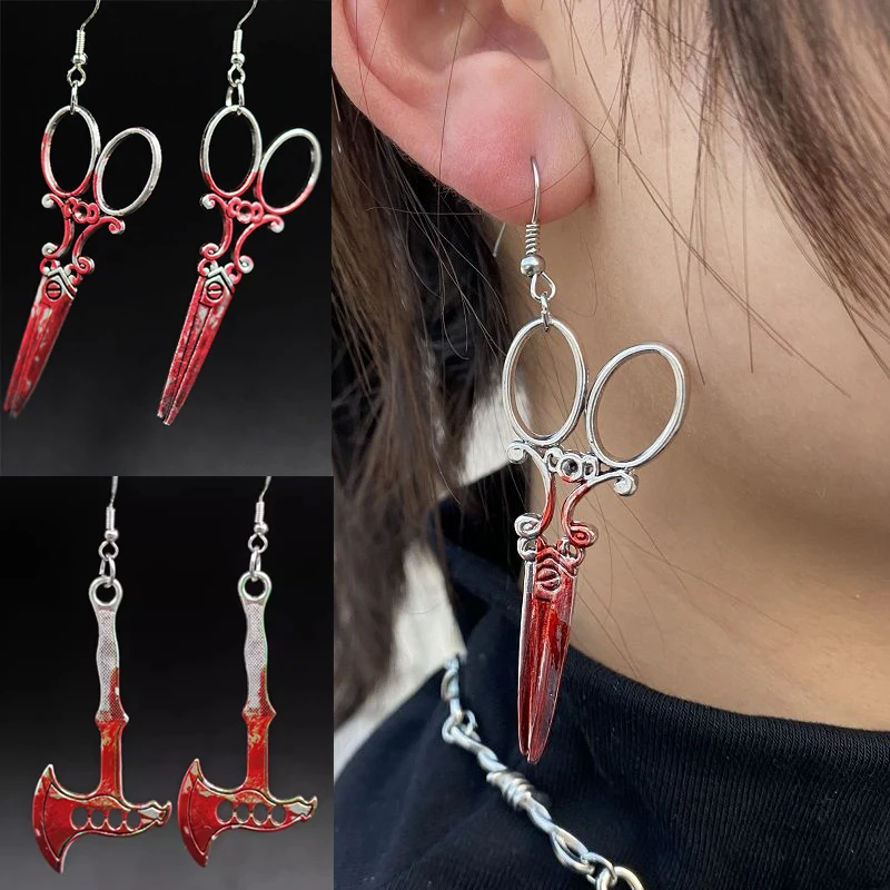 Gothic Horrible Blood Scissors Earrings Handmade New Fashion Bloodstained Sword Axe Punk-Style Halloween Party Earrings Gifts