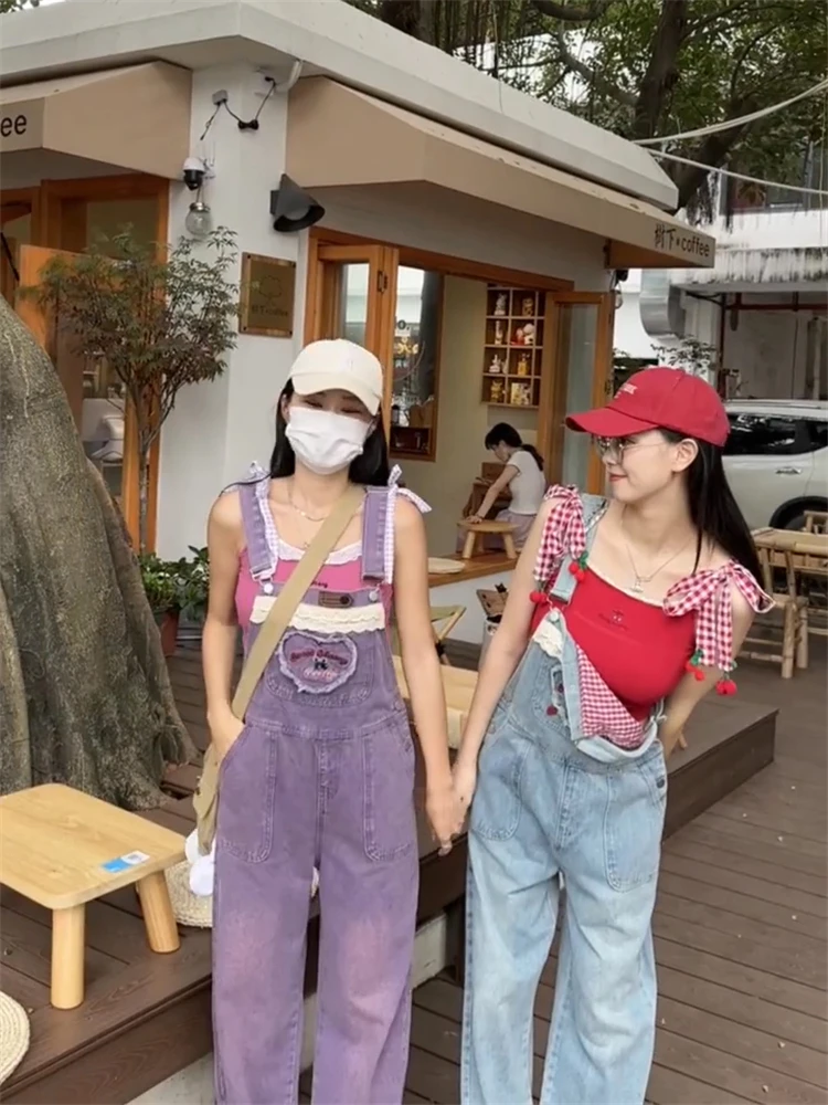 

Винтажный клетчатый комбинезон с широкими джинсами, женские свободные джинсовые комбинезоны с прямыми штанинами, очаровательный студенческий хлопковый комбинезон с высокой талией...