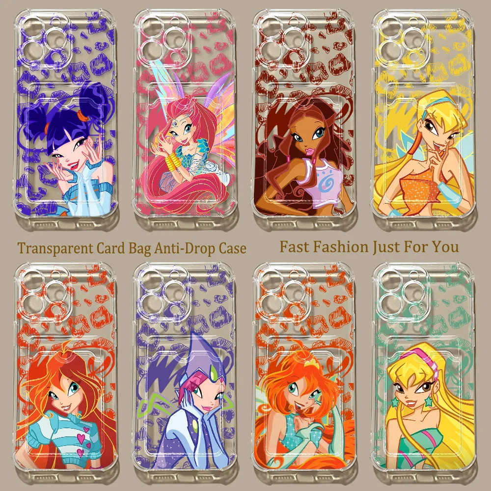 HEISS NEU! Mädchen W-Winx Club Kartenhalter-Hülle für iPhone 17e 17 16e 16 15 14 13 12 11 Mini Pro Max Air Plus – Sturzsichere, transparente Schutzhülle