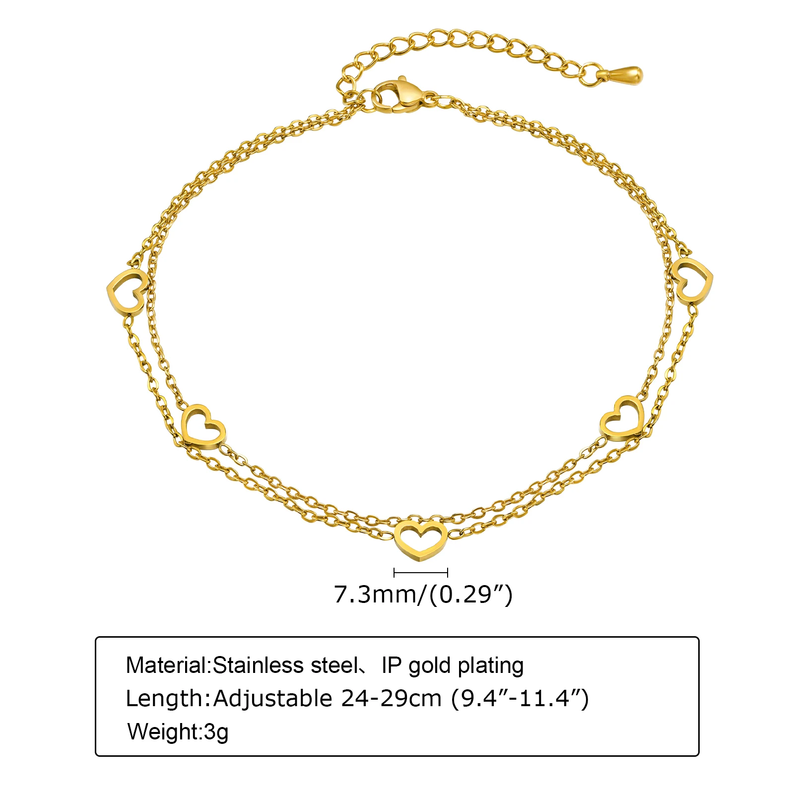 Women\'s Dainty Anklets Jewelry for Daily Beach Holiday, Gold Color Stainless Steel Hollow Heart Shape Double Chains Charm Anklet