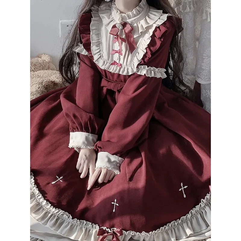 Japanese Lolita Women's Bow Dress 2024 Autumn and Winter New Fashion Sweet Gothic Cross Ruffled Long Sleeve OP Dresses Ladies