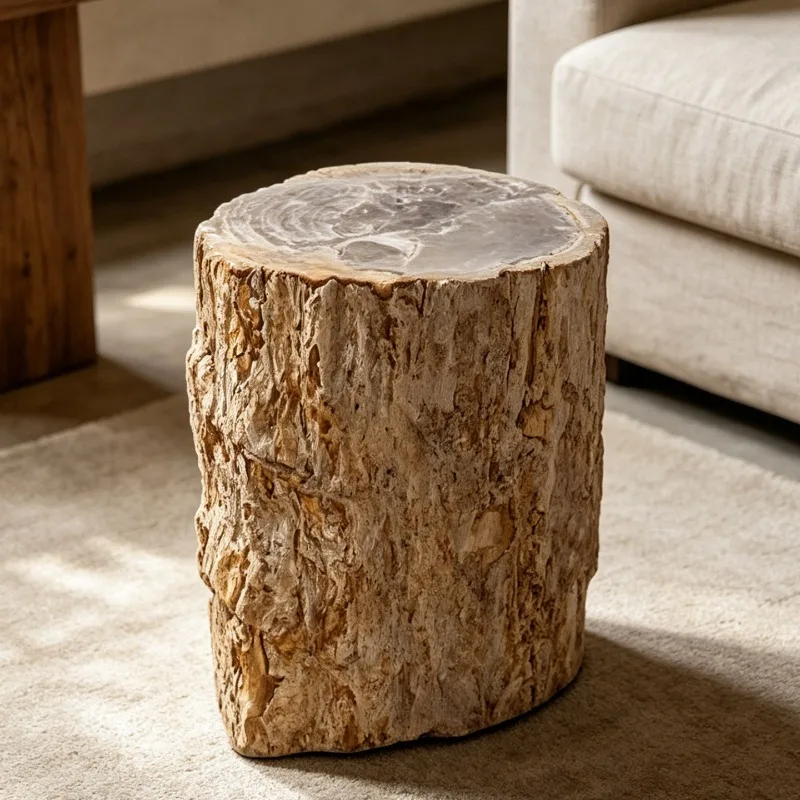 Imported wood fossil pier floor ornament model room living room sofa side cylindrical small coffee table decoration