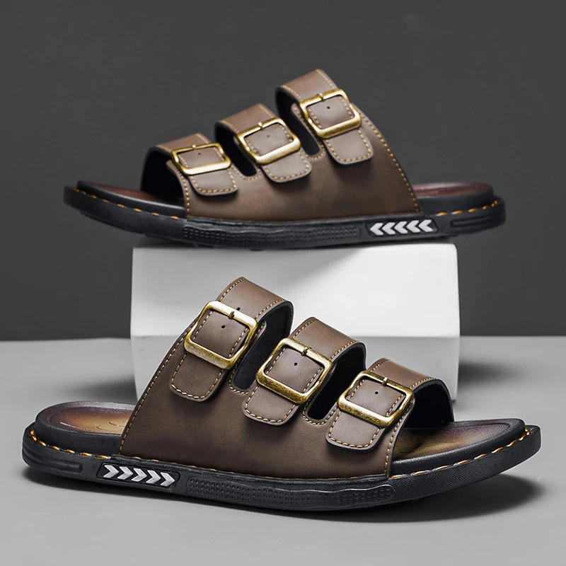 

Мужские кожаные сандалии-кроссовки для пляжа, летние повседневные сандалии большого размера, черные