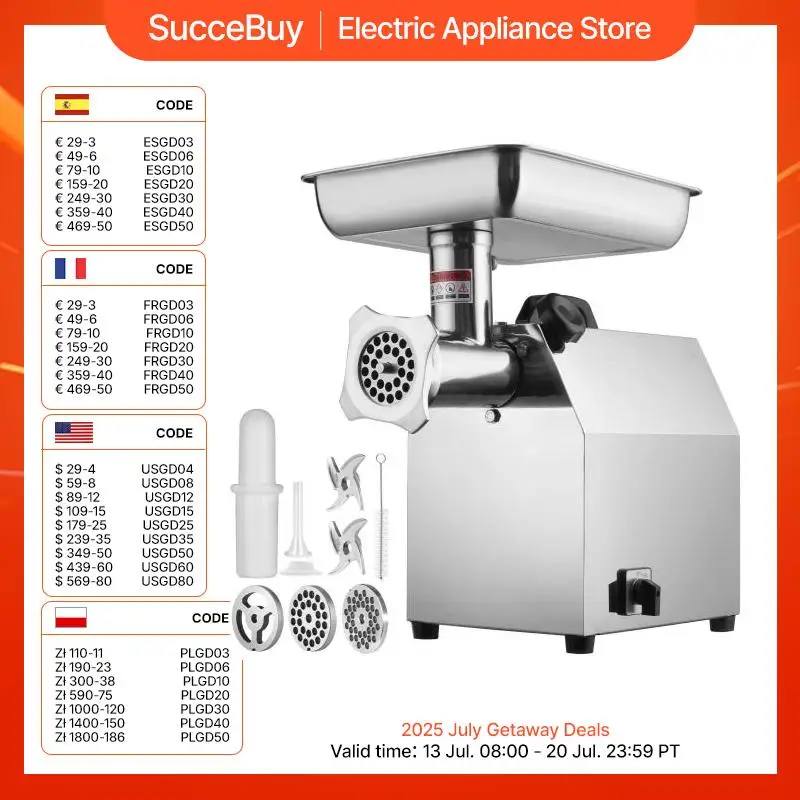 VEVOR Elektrischer Fleischwolf Edelstahl Fleischmaschine 360 kg/Std. Hackfleisch, 1100 W Multi Küchenmaschine Wurstfüller inkl. 2 Schneidplatten, 1 Wurströhre, 2 Klingen für Rind, Huhn, Pute usw.