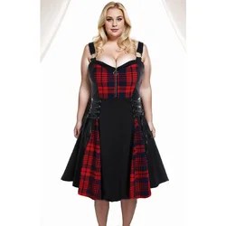 ROSEGAL Sukienki Plus Size Lace Up Plaid Colorblock Half Zipper Fit And Flare Dress Women Summer Sleeveless Patchwork Dress 5XL