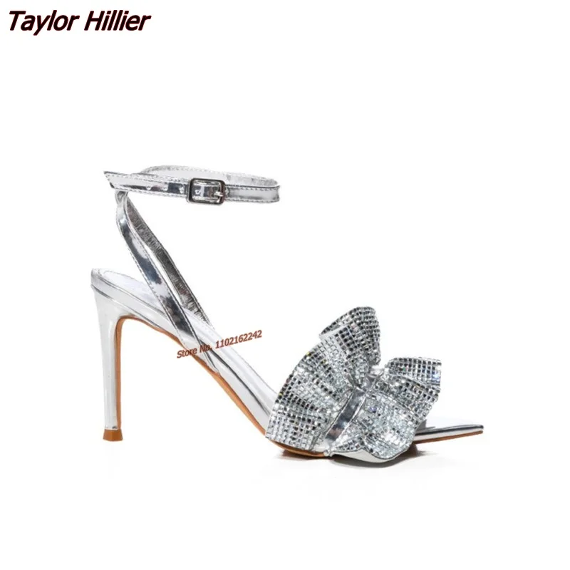 Silver Rhinestone Wreath Pointed Toe High Heels Fashion Stiletto Blingbling Buckle Strap Sandals Sexy Wedding Women'S Shoes 46