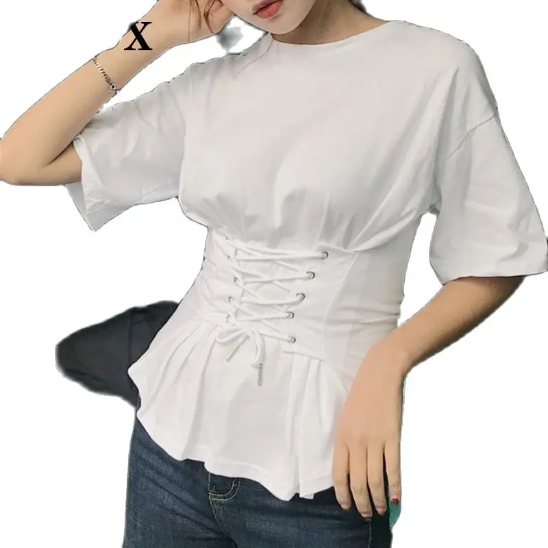 2023 Summer Korean Chic Lace Up White T Shirt for Women Short Sleeve Casual Shirts Lady Solid Color Girls Tops Female Clothing