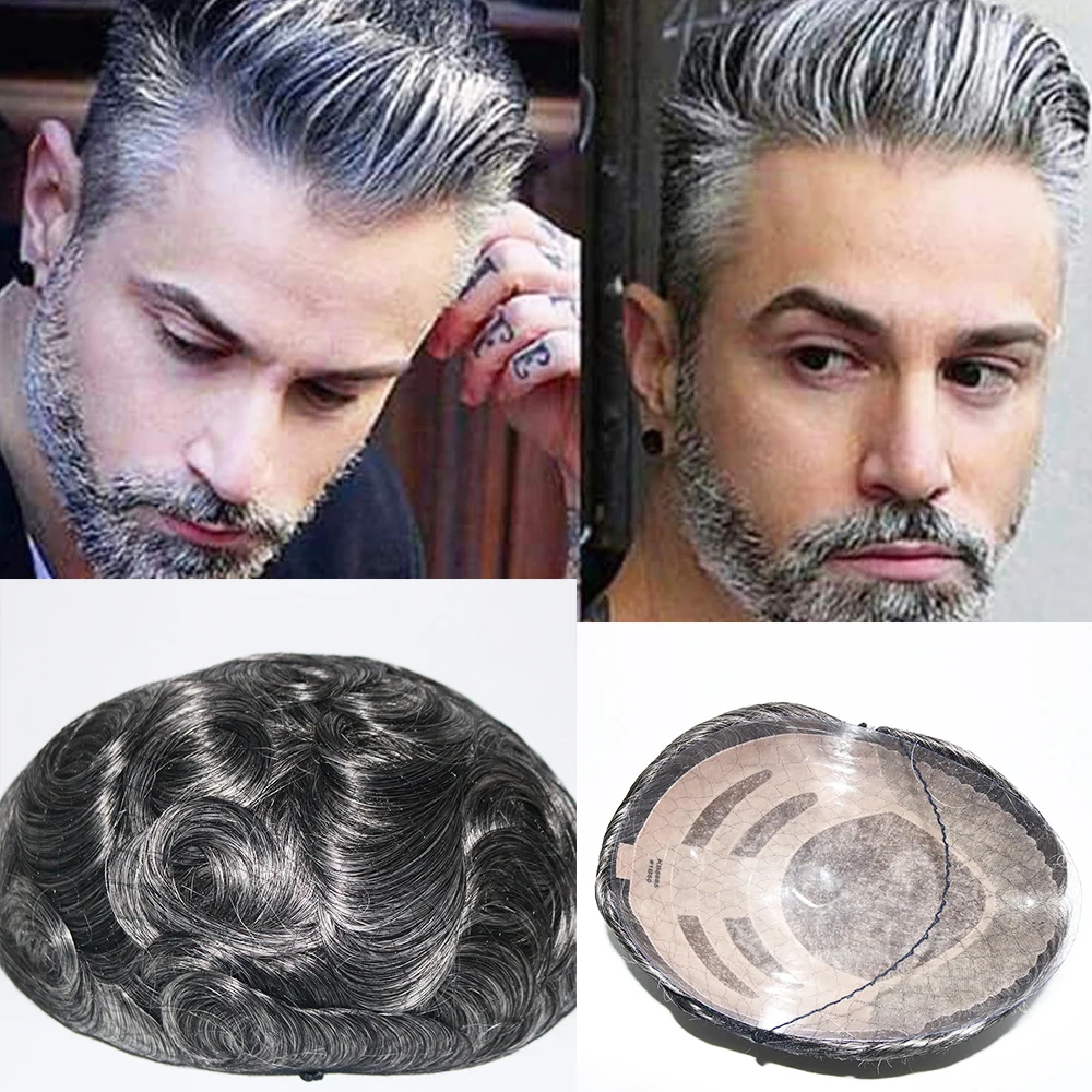 #1B50 Grey  Human Hair Hairpieces Man Toupee Bond Hair Unit Lace With NPU Hair System Replacement Durable Breathable Sale