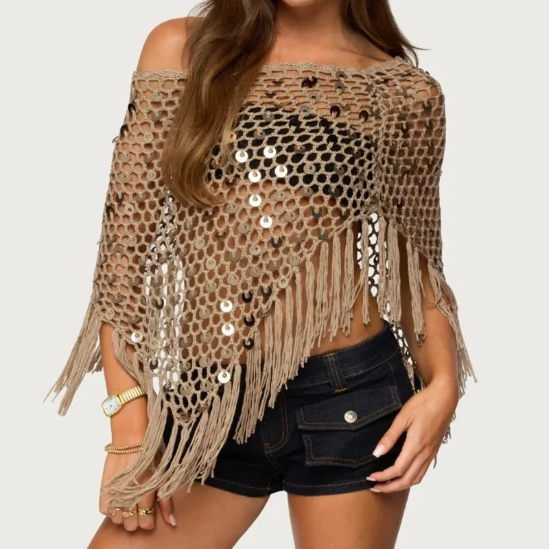 

Sequins Knitted Tassel Hollow Out Cape Women Sexy See Through Inclined Shoulder Triangle Vacation Beach Cover-up Casual Shawl