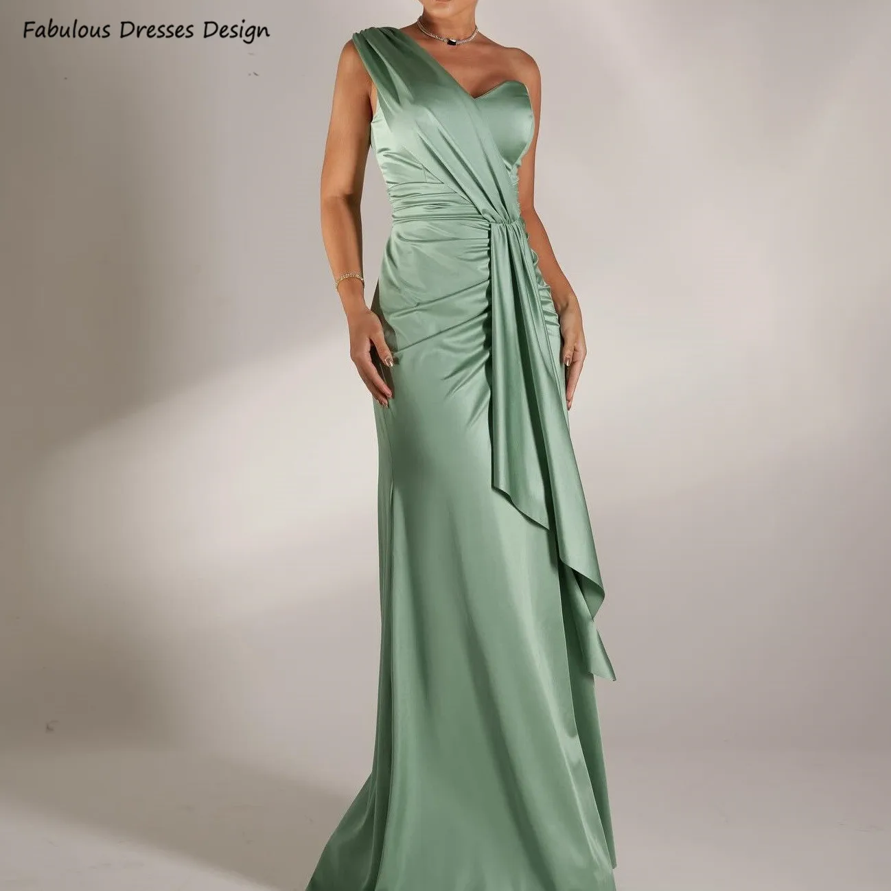 

Sage Long Mermaid Prom Dresses Pleat One Shoulder High Slit V-neck Evening Dress Streamer Women Wedding Party Gown