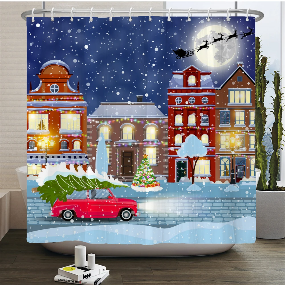 Santa Claus Snowman Printed 3D Shower Curtain Set Christmas Cartoon Home Decoration Bathroom Curtains With Rugs Non-slip Bat Mat