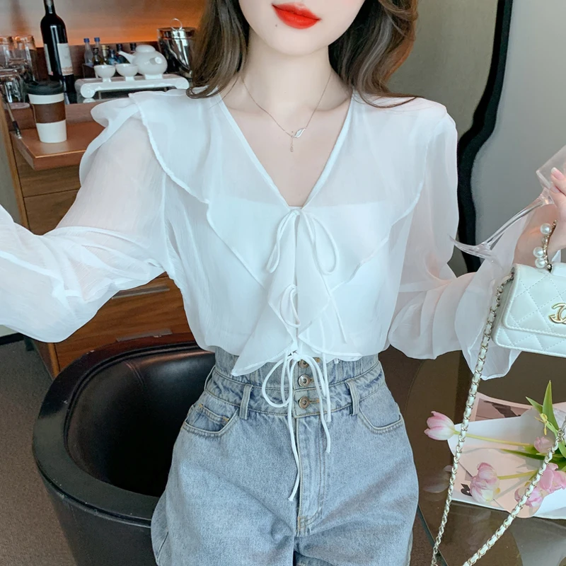 Fashion Long Sleeve Lace-up White Shirts Women Casual Mesh Sheer Blouse Ladies Elegant Sex Club Top Female Blusas Xm45