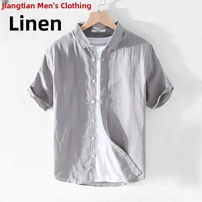 

Summer Men's Cotton Linen irt ort Sve Casual Young People's Upper Apparel f Sve Linen Material Summer Faion