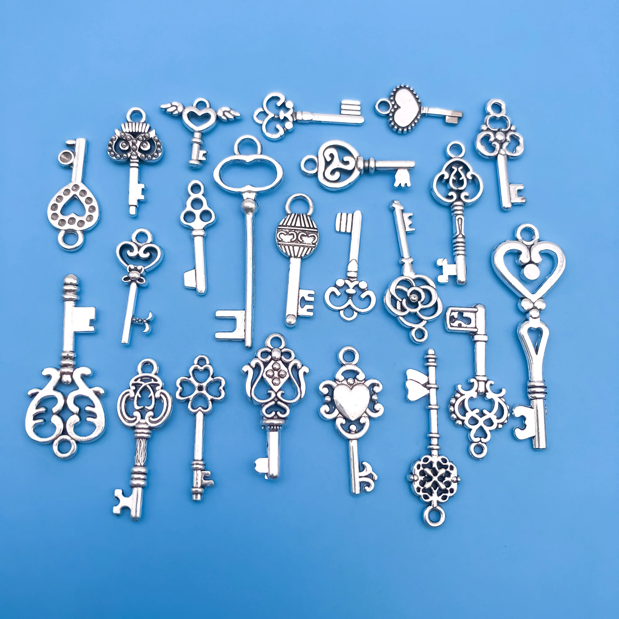 20pcs/Set Zinc Alloy Antique Silvery Small Key Shaped Charms Pendants for DIY Necklace Bracelet Earrings Jewelry Making Handmade