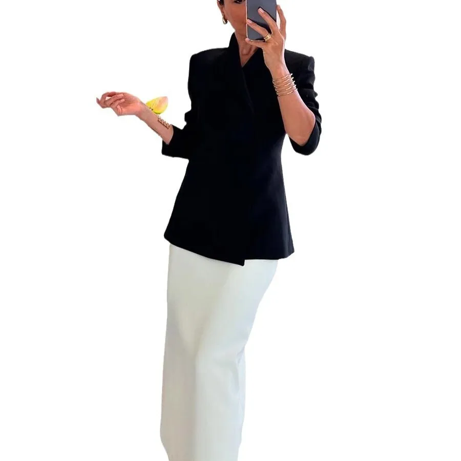 سترة جديدة لخريف وشتاء 2024 بأكمام طويلة من الساتان غير رسمية INS سترة عصرية فضفاضة بزر واحد للنساء #5