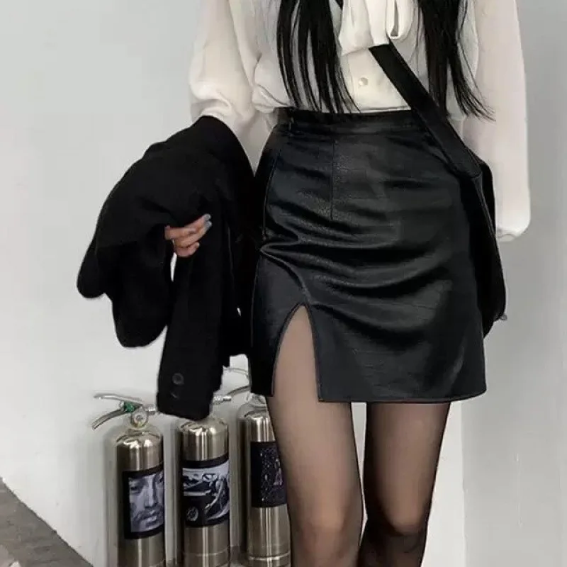 PU Punk Leather Skirt Women Black Sexy Split Slim High Waisted A-line Mini Skirts Autumn Korean Fashion Harajuku Streetwear