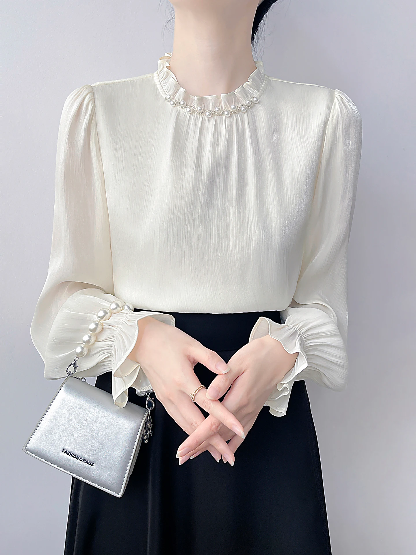 Korean Style Long Sleeve Chiffon Shirt Women's Stand Collar Commute Pearl Embellished Loose Fit Polyester Fiber Gauze Texture