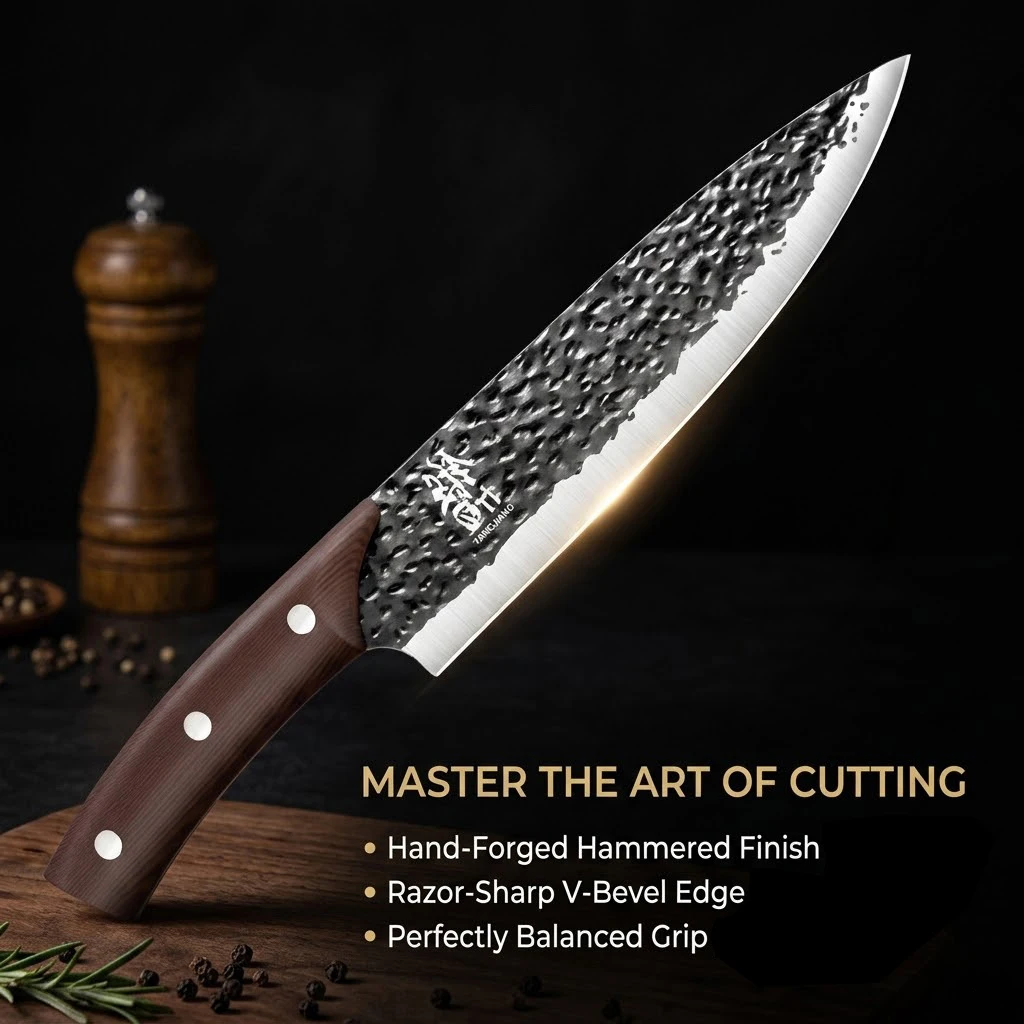 Premium 7.5 Inch Chef Knife Ultra Sharp – Hammered High Carbon Stainless Steel Non-Slip Wenge Wood Handle for Home Kitchen
