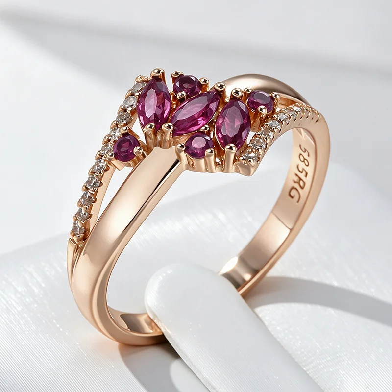 Wbmqda Einzigartige Himbeerrote Steinblumenringe für Frauen, 585er Roségold, luxuriöser Urlaubsschmuck, Accessoires